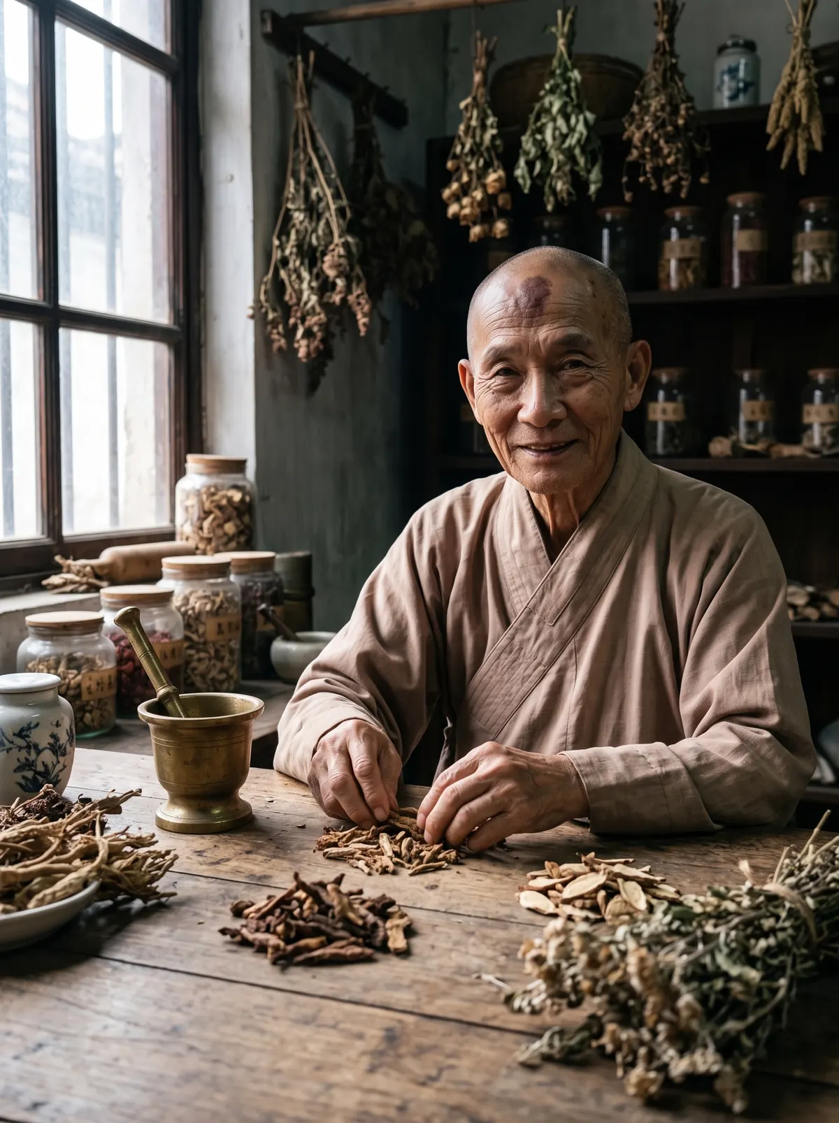 The master sorting dried herbs at a wooden table
