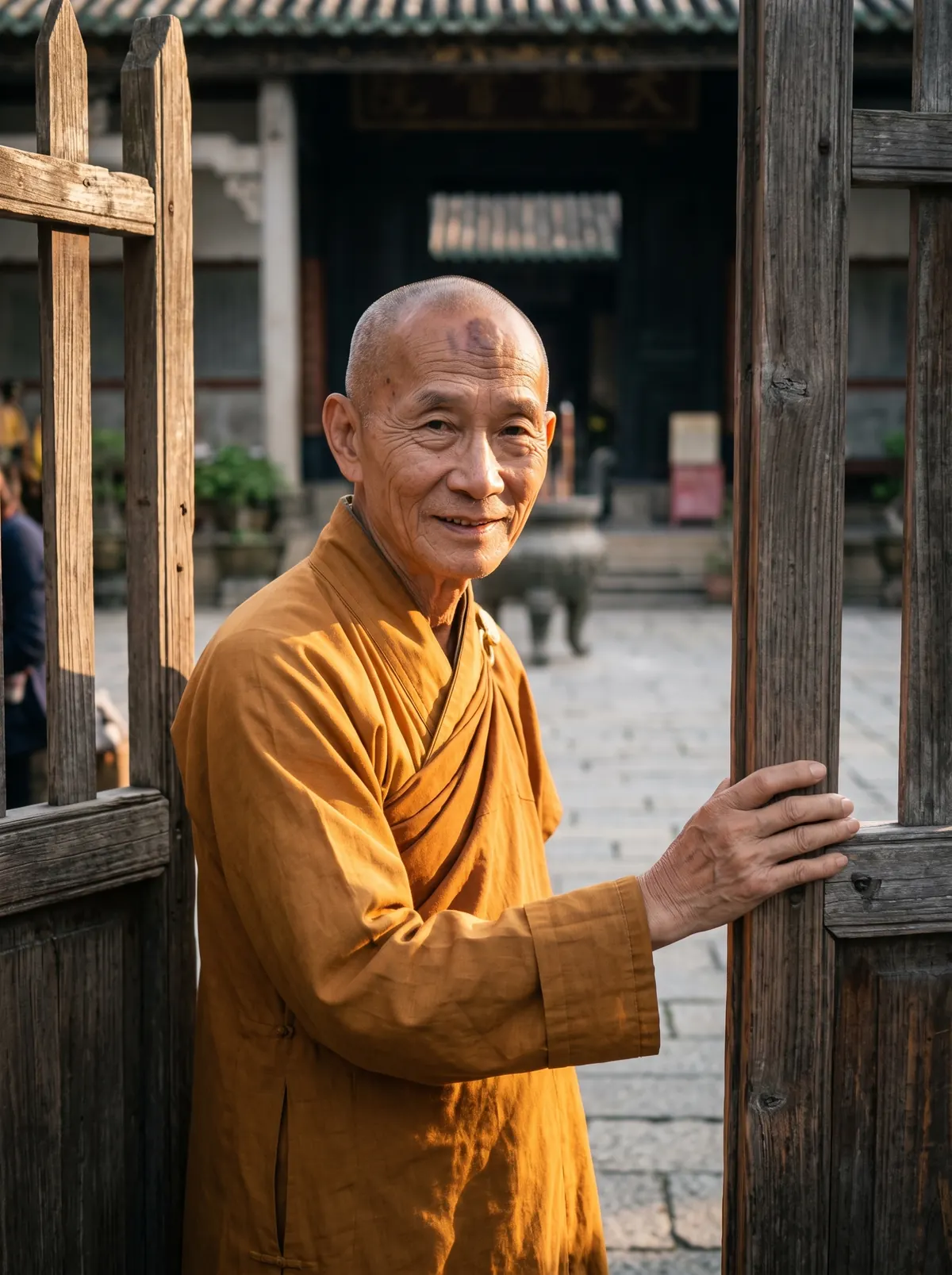 The master at the wooden gates of a monastery