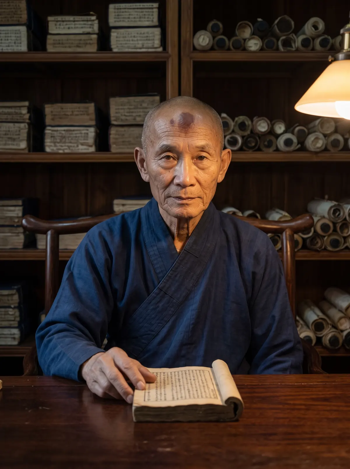 The master at a table with an old manuscript open among the scrolls